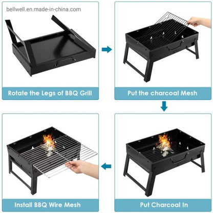 Portable Foldable Charcoal BBQ Grill – Black Carbon Steel Outdoor Barbecue Oven